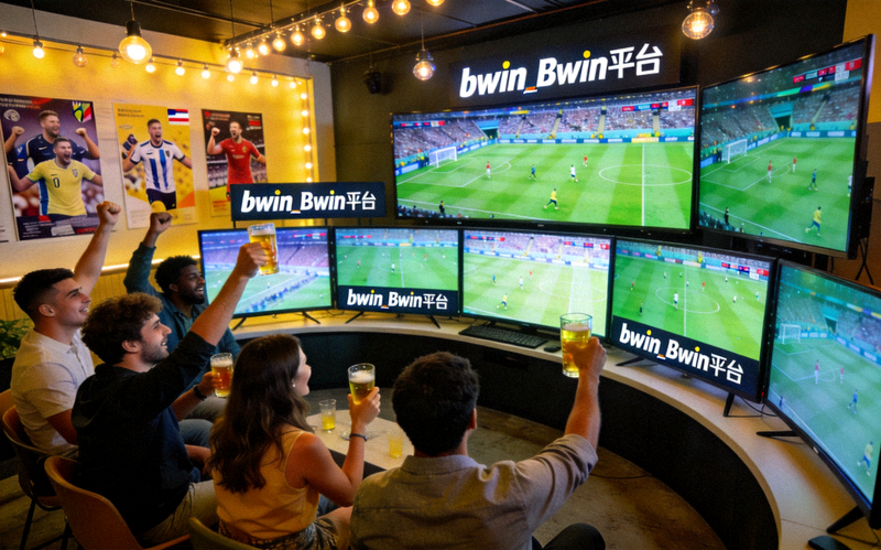 bwin_Bwin平台体育赛事直播场景 - 观众在多屏幕前观看高清足球比赛